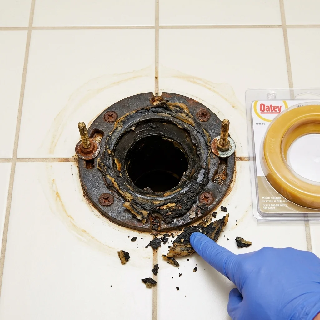 Failed wax ring showing water seepage at the base of a toilet in a Caldwell, NJ home