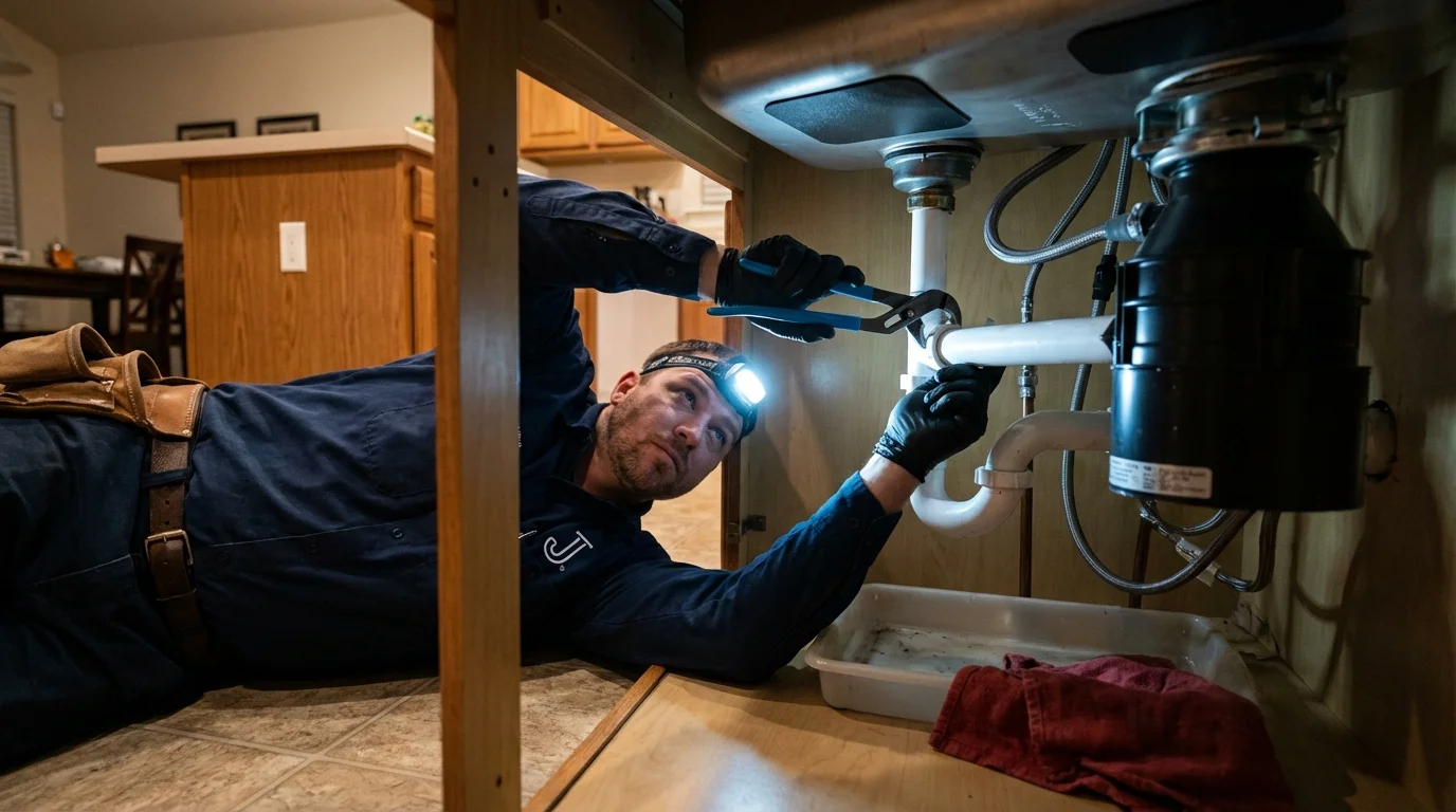 P-trap and supply line connections under a kitchen sink showing a common leak point in Caldwell, NJ